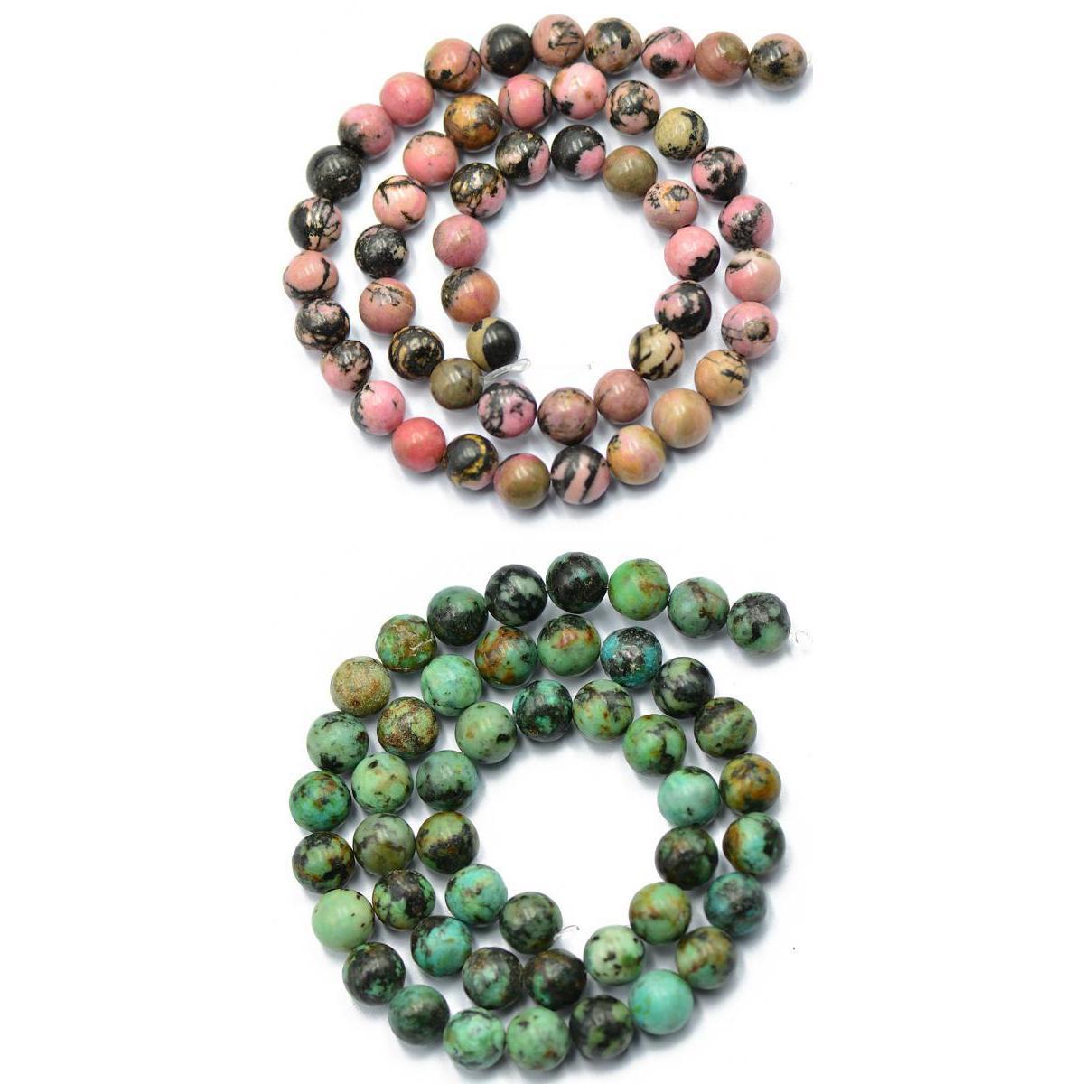 2 Strand 8mm Black Pink Rhodonite Gemstone and Green Strand Spacer Bead 15''