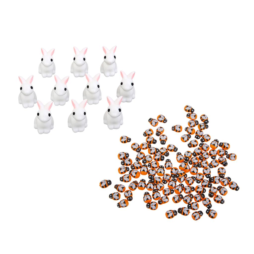 10pcs Garden Natural Resin Statue Rabbit and 100pcs Wooden Bees Garden Decor