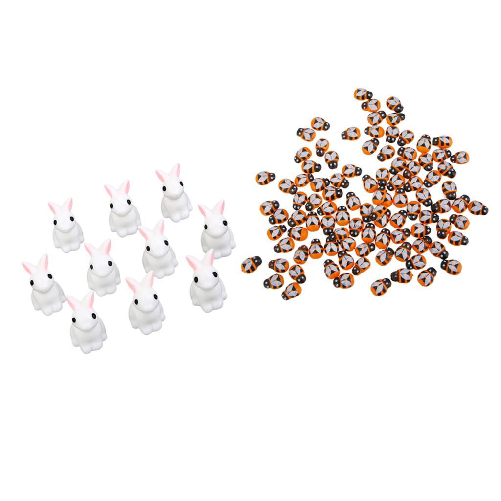 10pcs Garden Natural Resin Statue Rabbit and 100pcs Wooden Bees Garden Decor