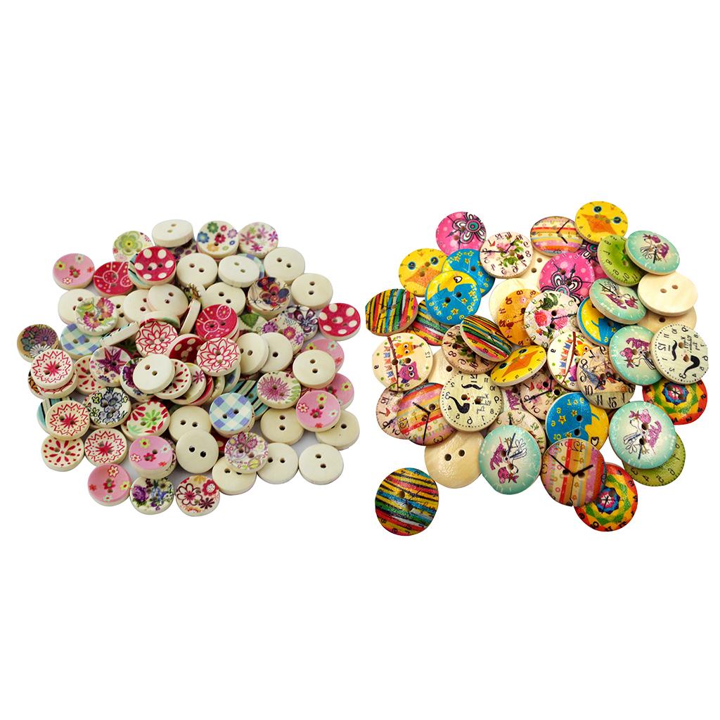 150pcs Mixed Wooden 2 Holes Painted Sewing Buttons for DIY Craft 15/20mm