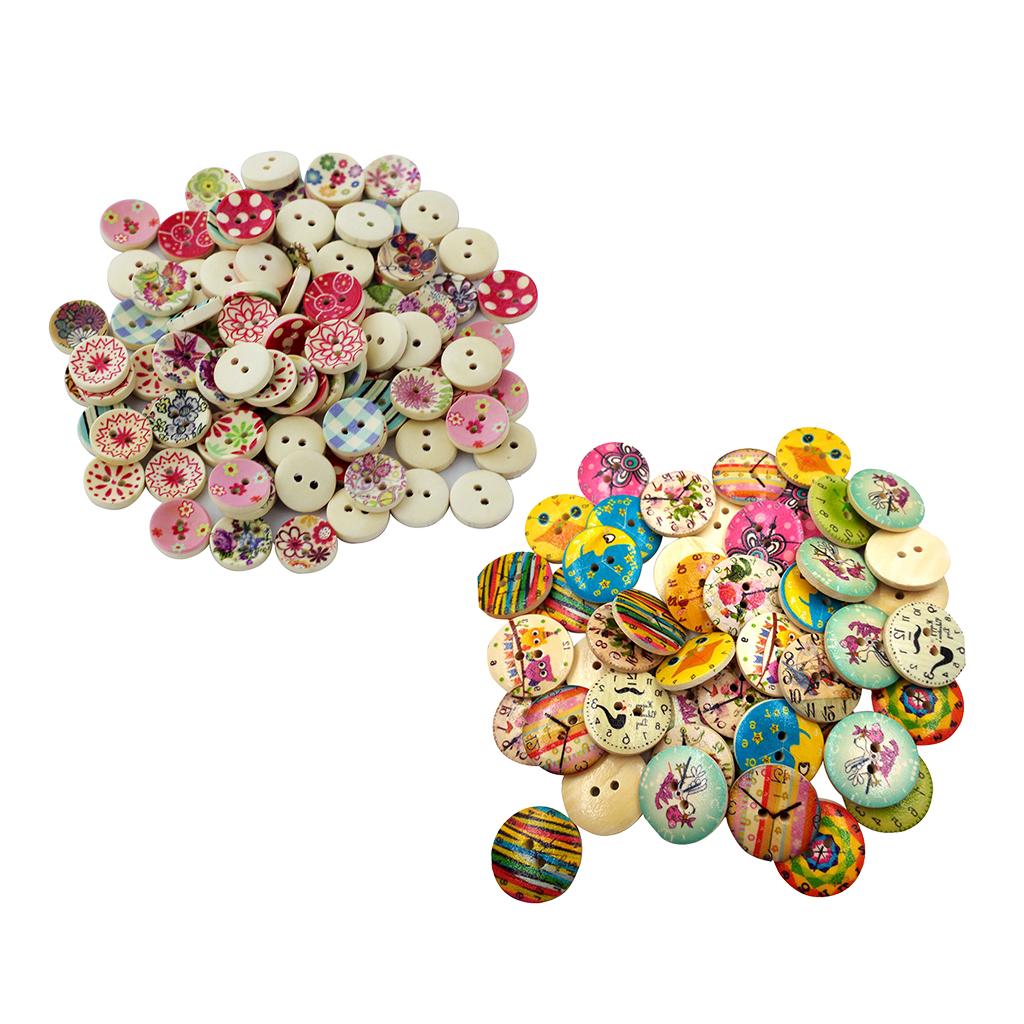 150pcs Mixed Wooden 2 Holes Painted Sewing Buttons for DIY Craft 15/20mm