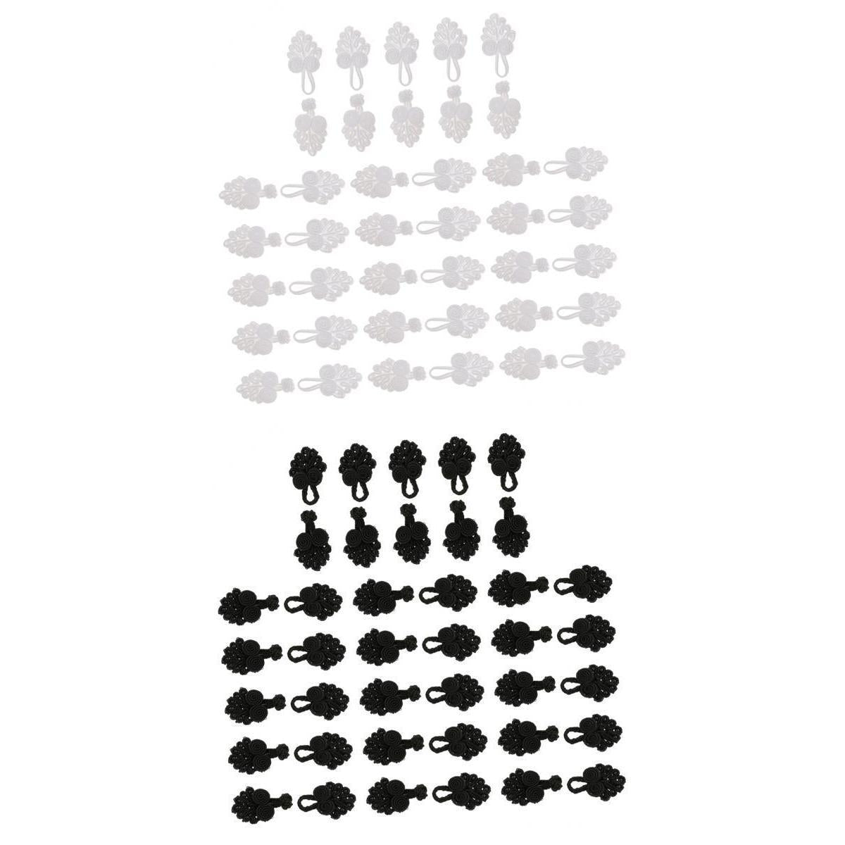 40 Pairs Chinese Knot Frog Buttons with Beads for Cheongsam White/Black
