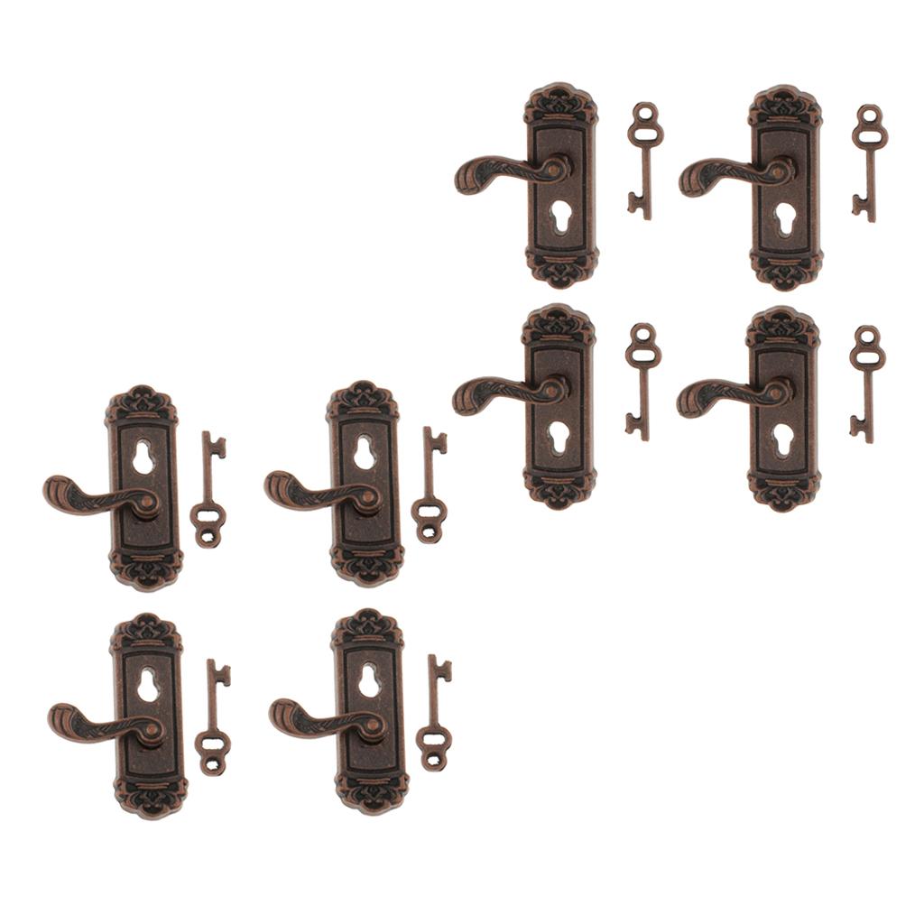 8 Pieces 1/12 Dollhouse Miniature Vintage Door Locks Keys Right Left Handles