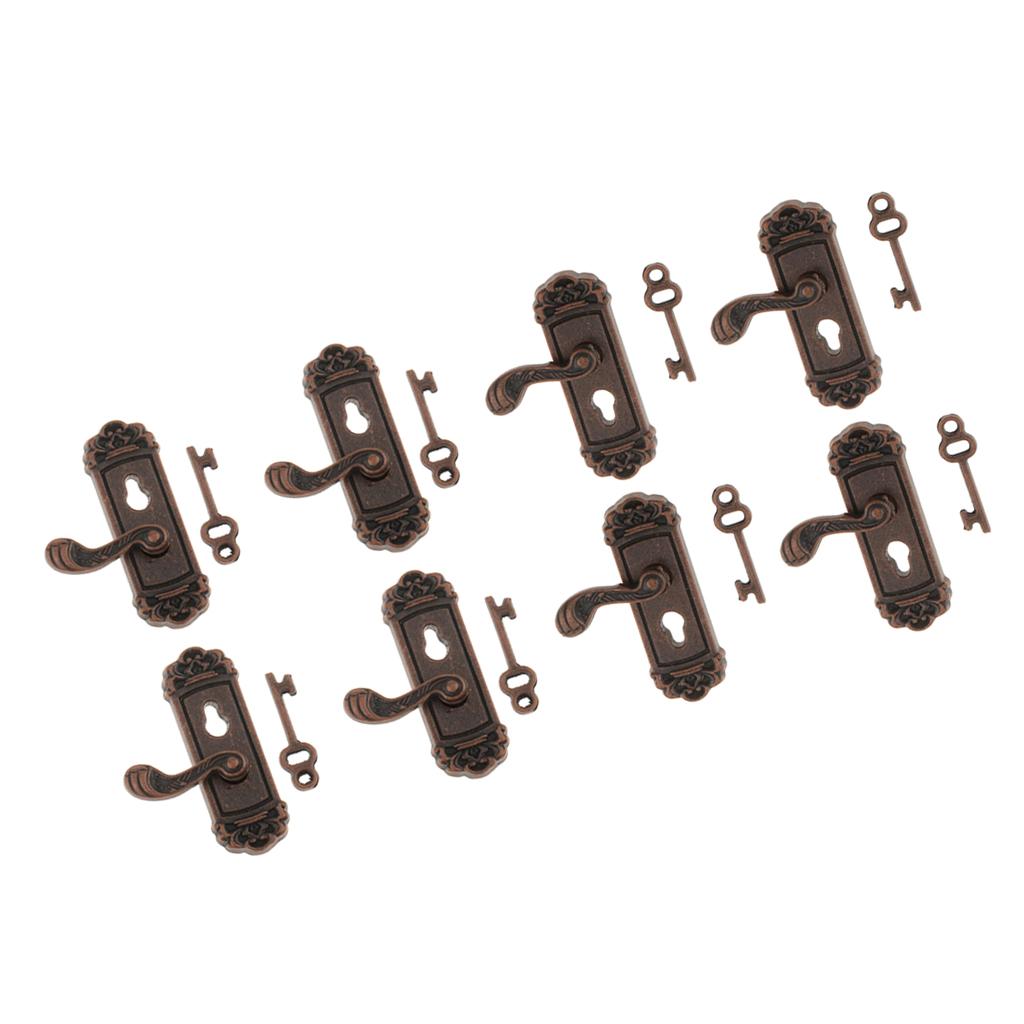 8 Pieces 1/12 Dollhouse Miniature Vintage Door Locks Keys Right Left Handles