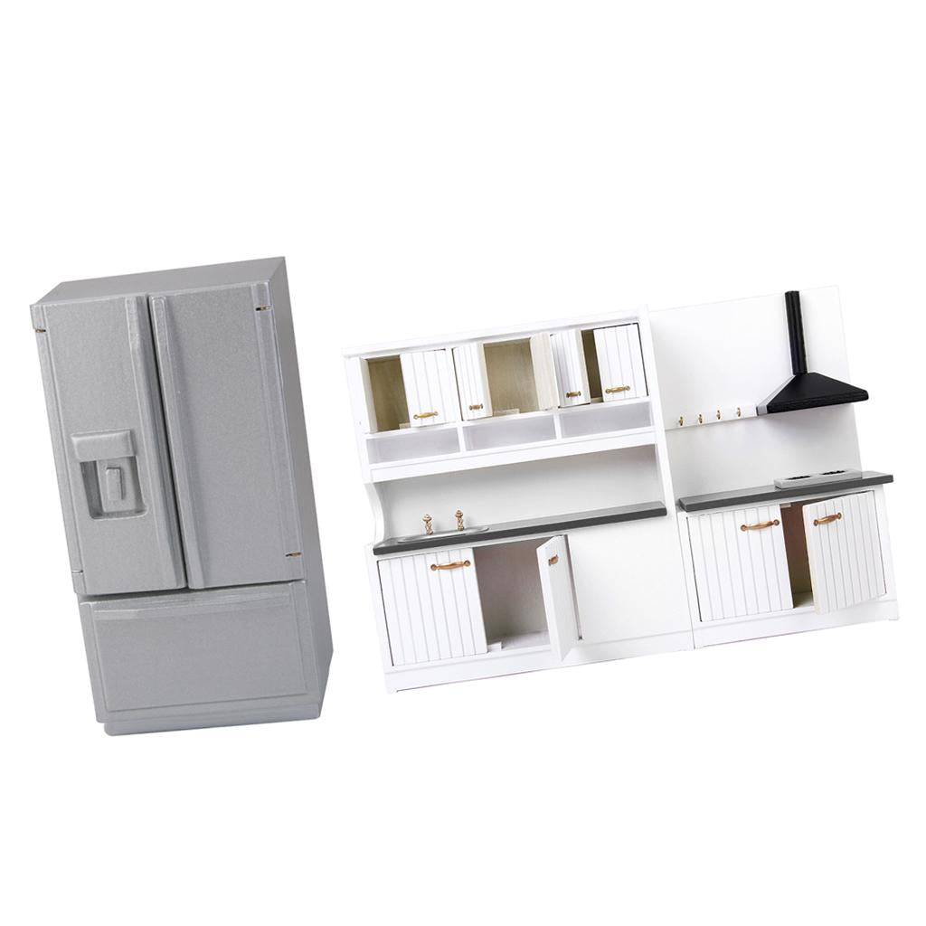 1/12 Dollhouse Miniature Furniture Wooden Deluxe Kitchen Set Silver Fridge