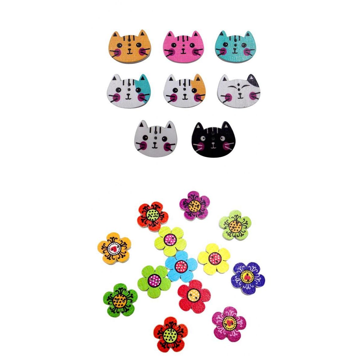 200Pcs Cartoon Cat Printed Wooden Buttons for Sewing Scrapbooking DIY Crafts