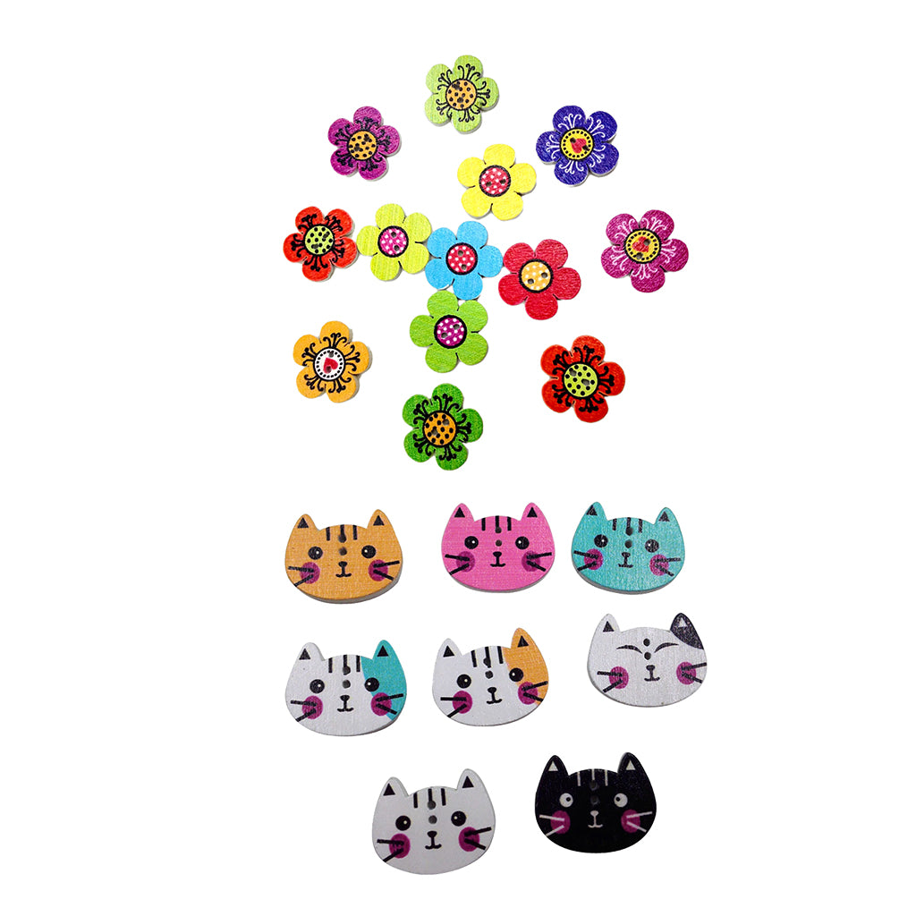 200Pcs Cartoon Cat Printed Wooden Buttons for Sewing Scrapbooking DIY Crafts