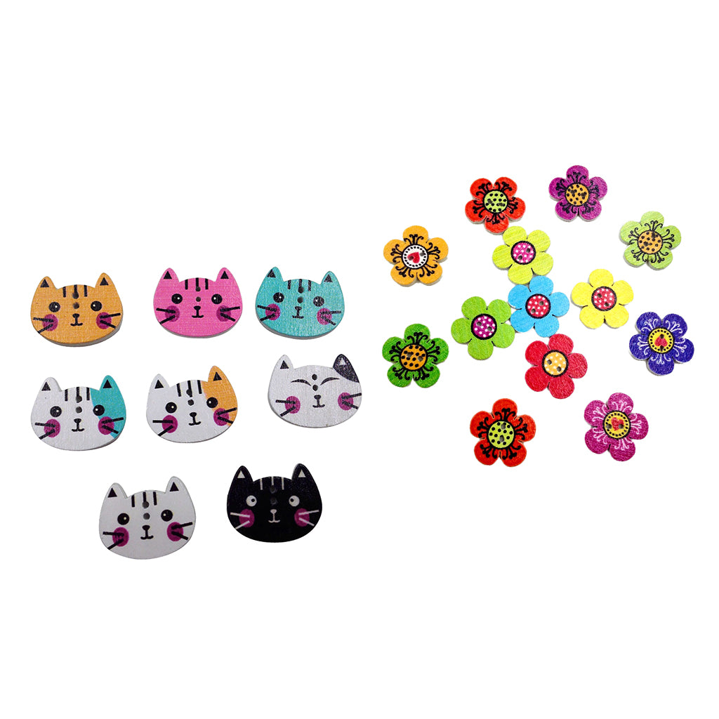 200Pcs Cartoon Cat Printed Wooden Buttons for Sewing Scrapbooking DIY Crafts