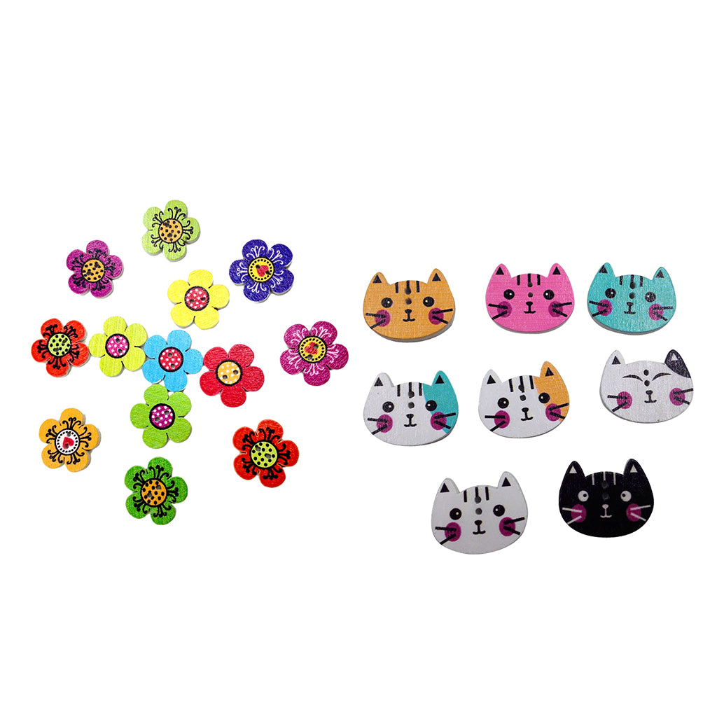 200Pcs Cartoon Cat Printed Wooden Buttons for Sewing Scrapbooking DIY Crafts