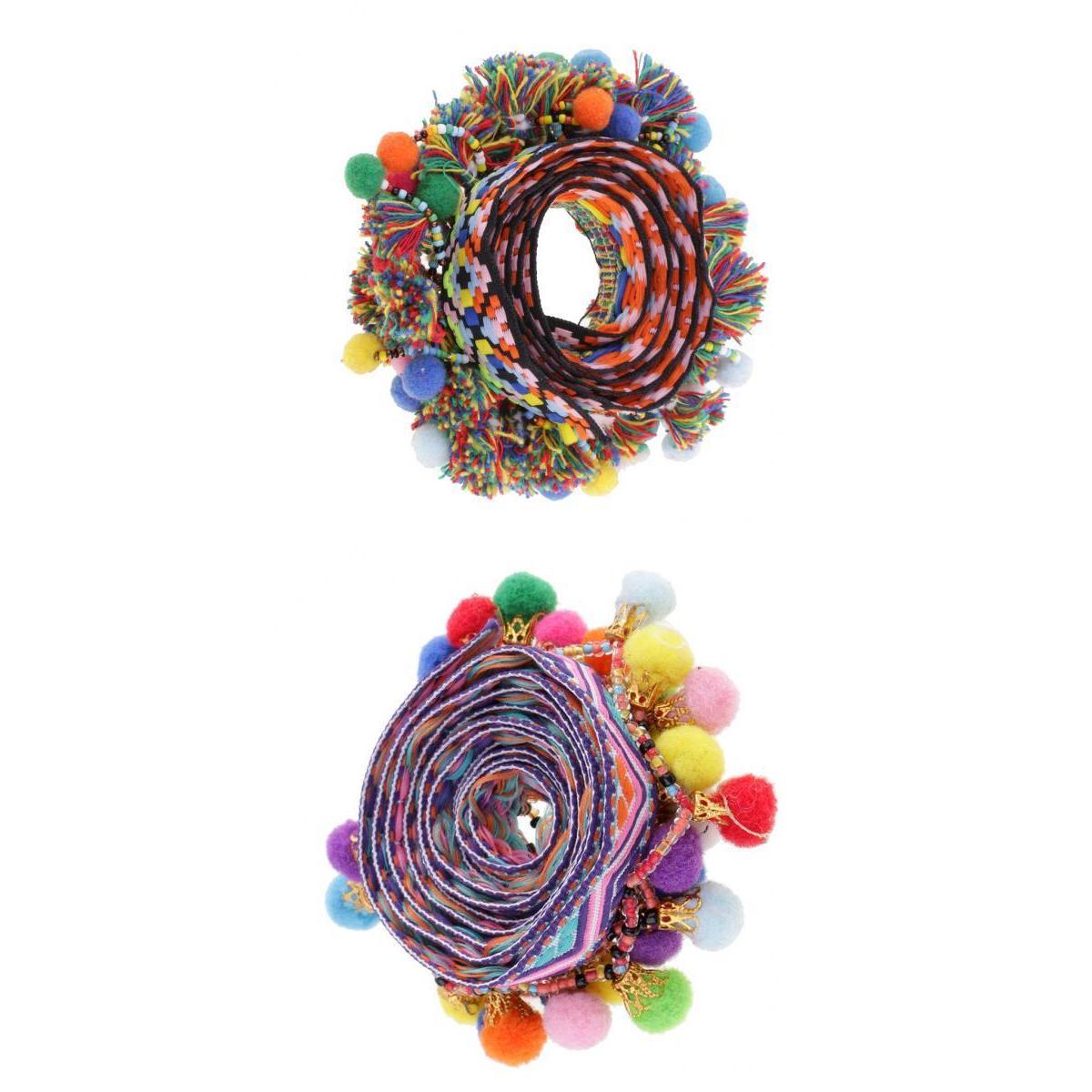2 x Colorful Pom Pom Beads Fringe Tassels Jacquard Ribbon Trim Sewing Decor