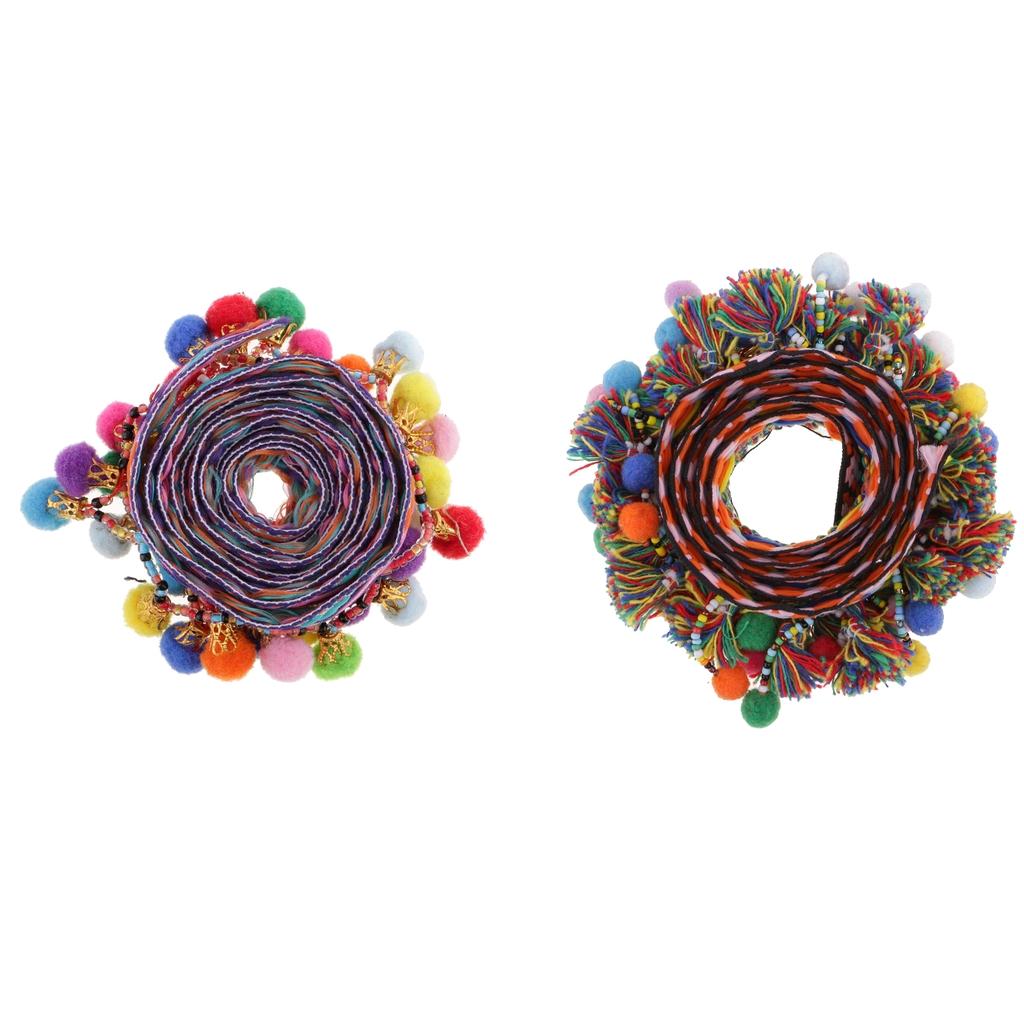 2 x Colorful Pom Pom Beads Fringe Tassels Jacquard Ribbon Trim Sewing Decor