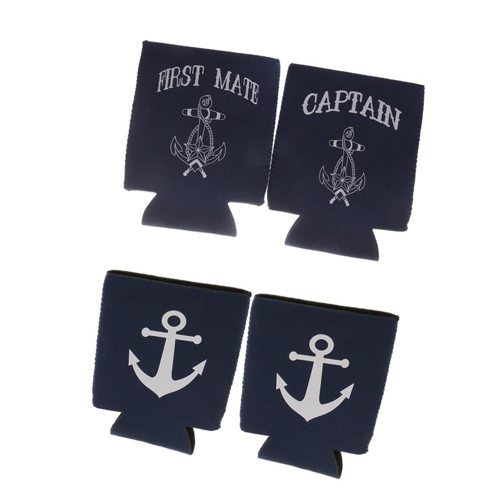 2 Pair Captain First Mate Anchor Beer Can Cooler Sleeve Holder Wedding Favor