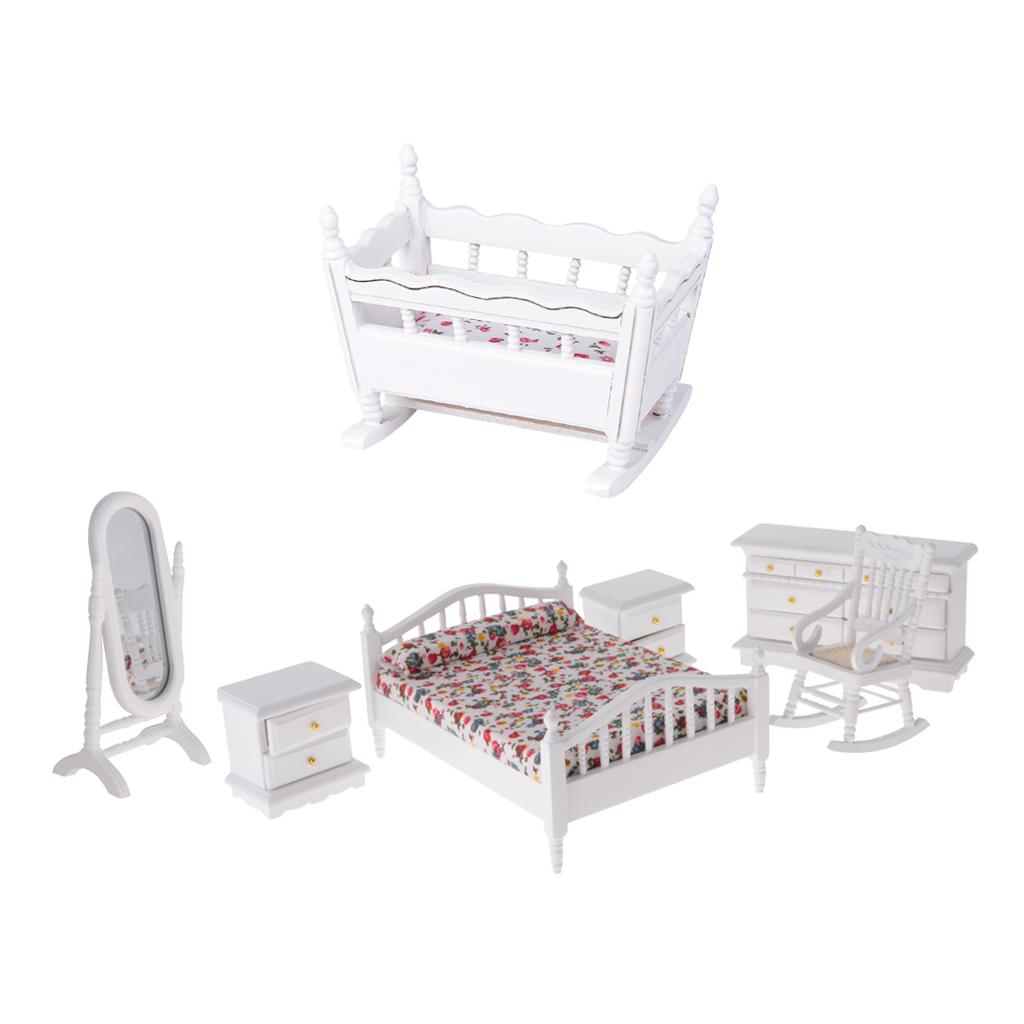 1/12 Dollhouse Miniature Furniture Wooden European Retro Bedroom Set 7 Pcs