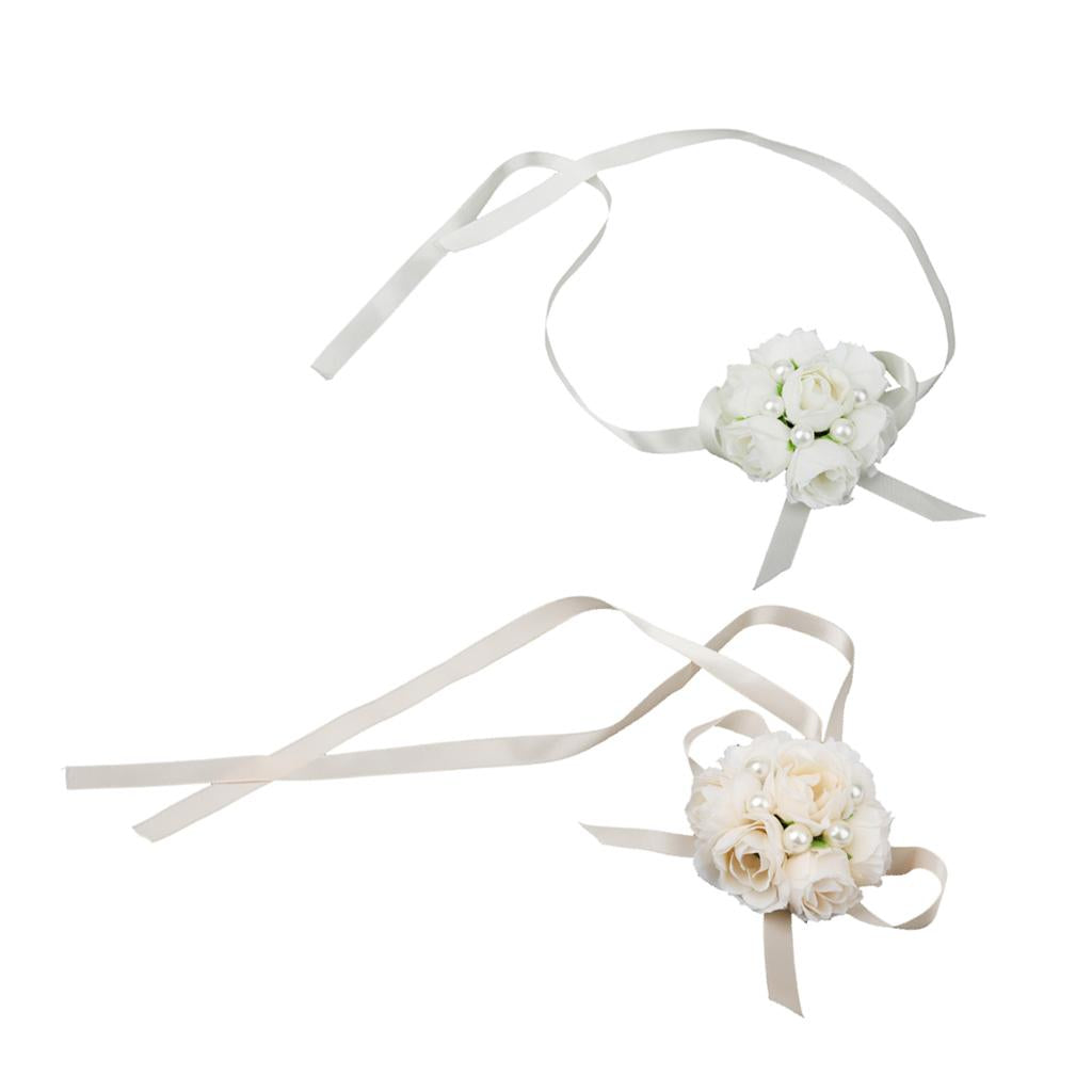 2 Pieces Set Bridal Wrist Corsage Bridesmaid Bracelet Pearl Flowers Costume