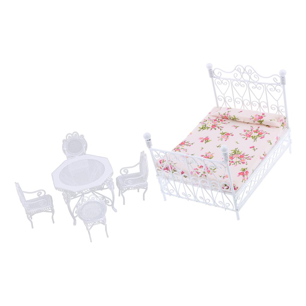 1/12 Dollhouse Miniature White Octagonal Double Bed Table Chairs Model Set