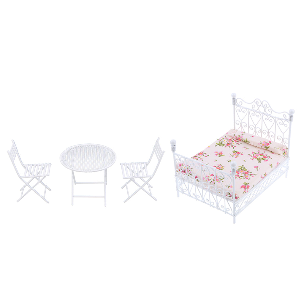 1/12 Dollhouse Miniature Furniture Metal Table Set & European Bed White 4pcs