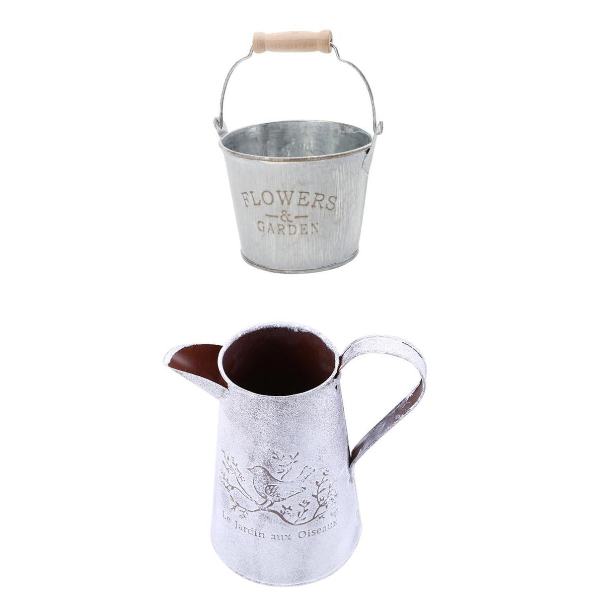 2 Piece Shabby Chic Galvanised Metal Iron Flower Plant Bucket Vase Flowerpot