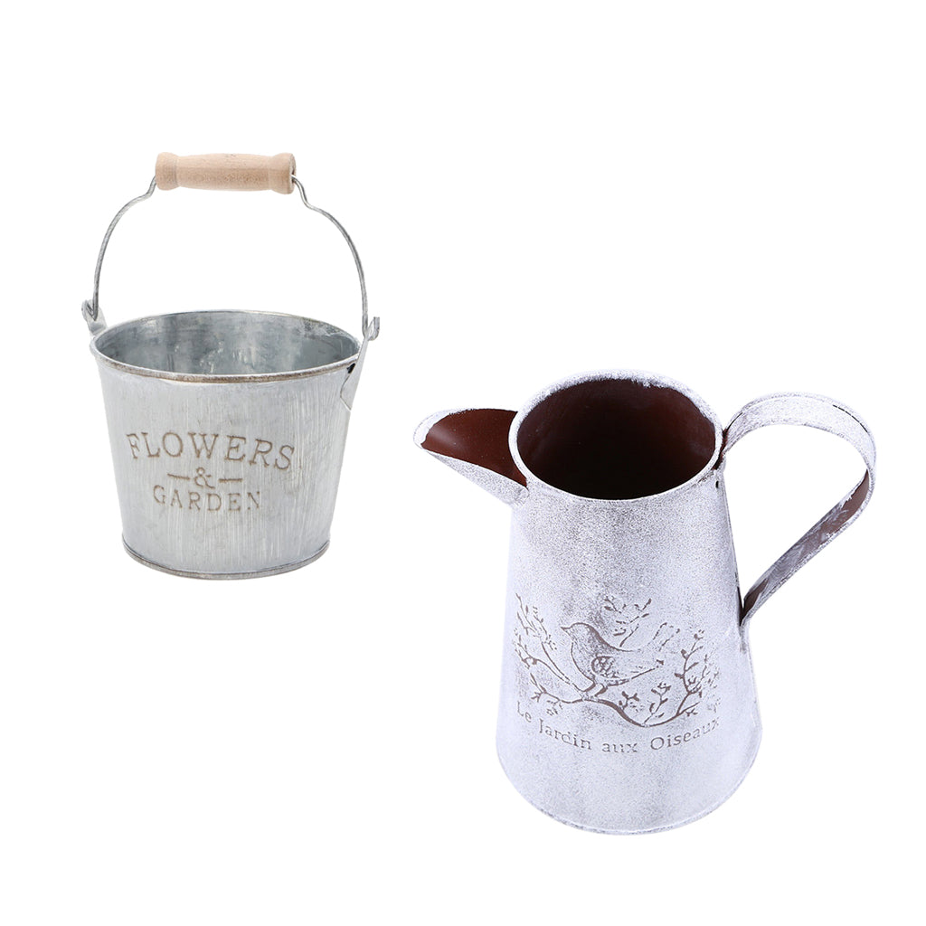 2 Piece Shabby Chic Galvanised Metal Iron Flower Plant Bucket Vase Flowerpot