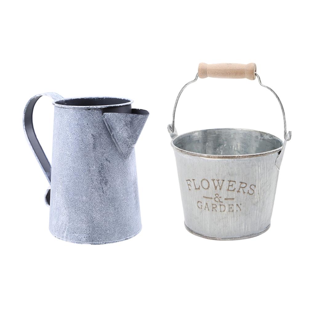 2 Piece Shabby Chic Metal Iron Flower Plant Bucket Retro Planter Flowerpot