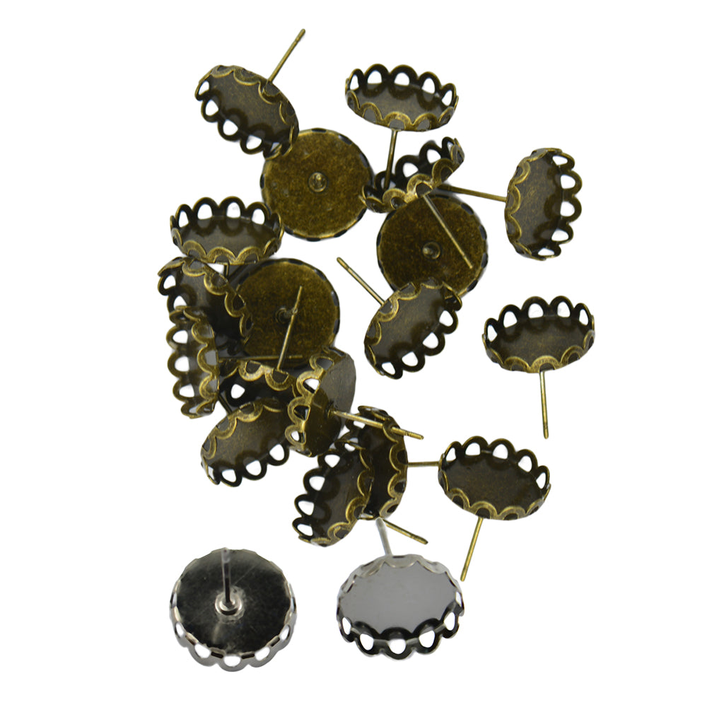 40 Pcs Blank Bezel Setting Base for 12mm Cabochon Ear Stud Pins Bronze&Black