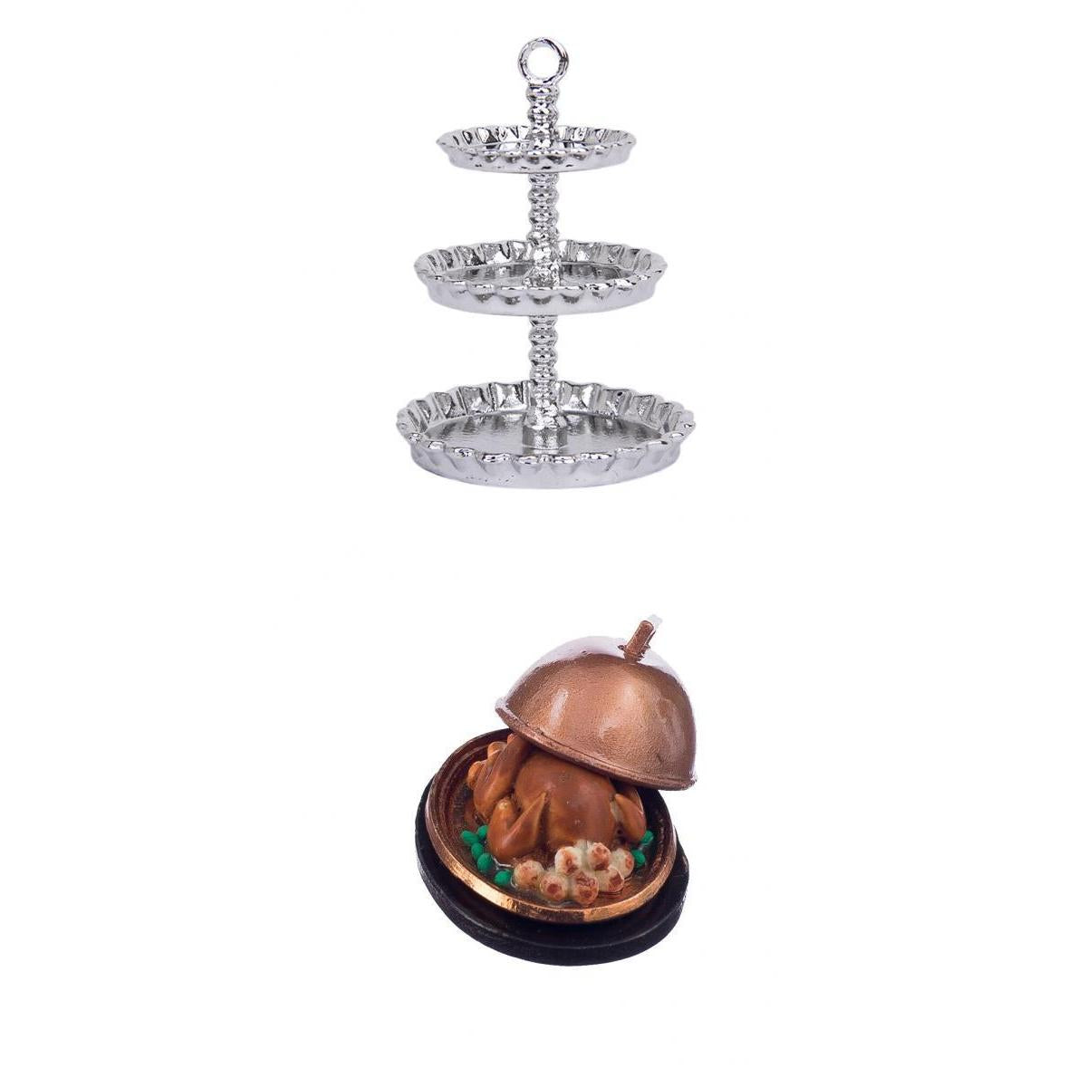 1/12 Dollhouse Mini Kitchen Accs Silver Metal Snack Rack Stand & Turkey 2pcs