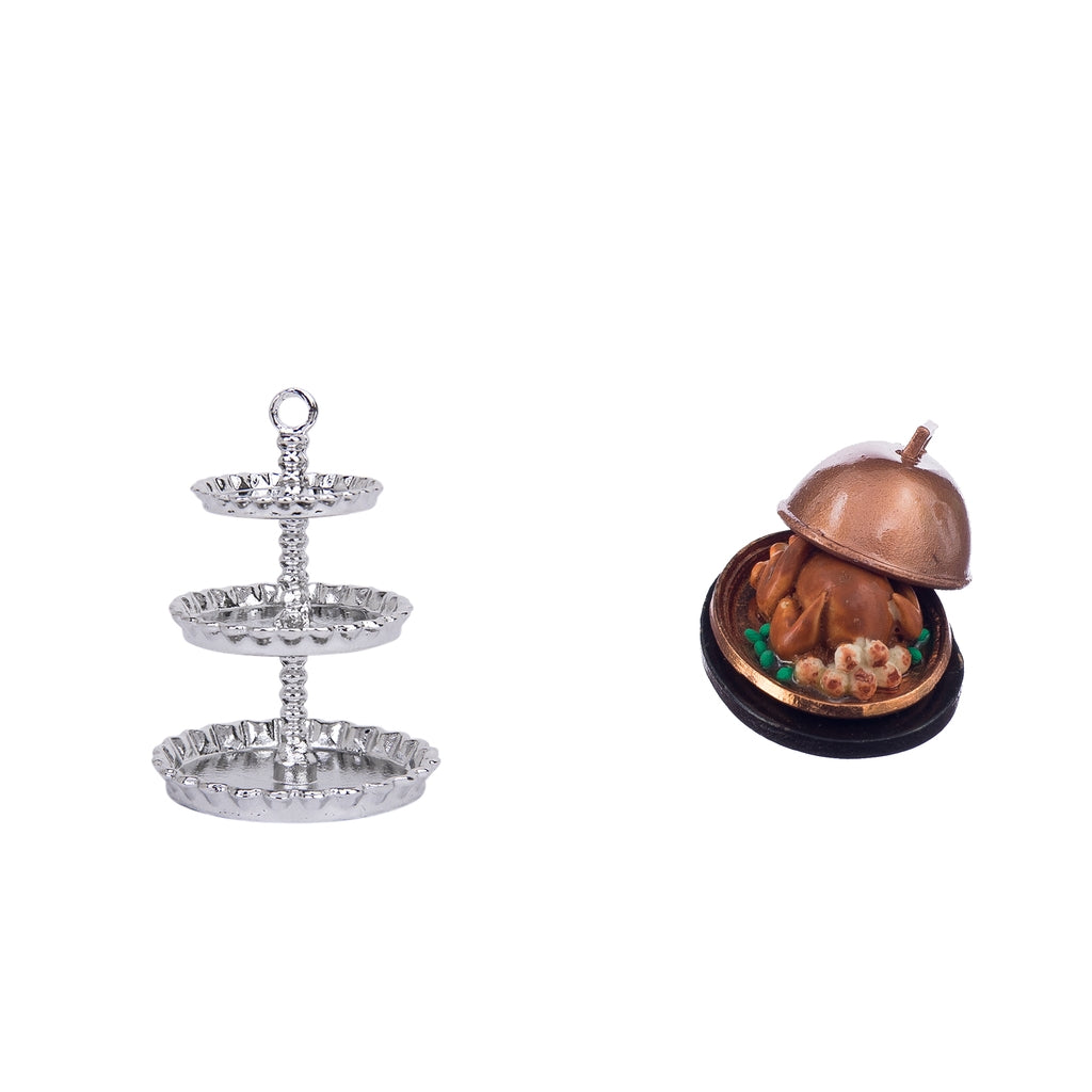 1/12 Dollhouse Mini Kitchen Accs Silver Metal Snack Rack Stand & Turkey 2pcs