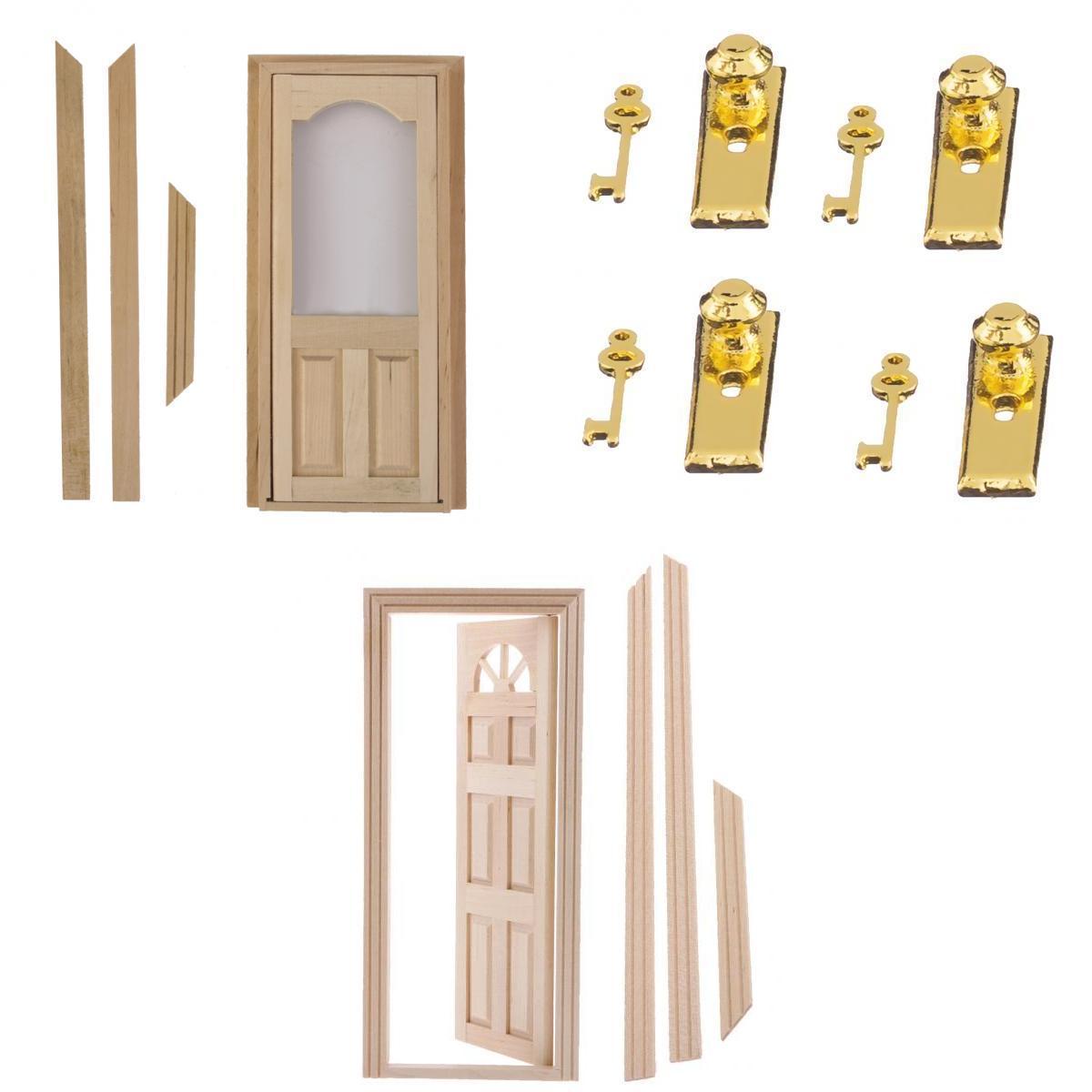 1:12 Dollhouse Miniature Wooden Door Set Unpainted & Door Lock with Keys