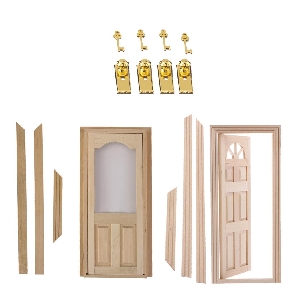 1:12 Dollhouse Miniature Wooden Door Set Unpainted & Door Lock with Keys