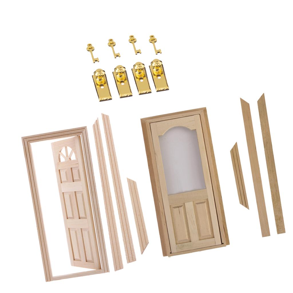 1:12 Dollhouse Miniature Wooden Door Set Unpainted & Door Lock with Keys