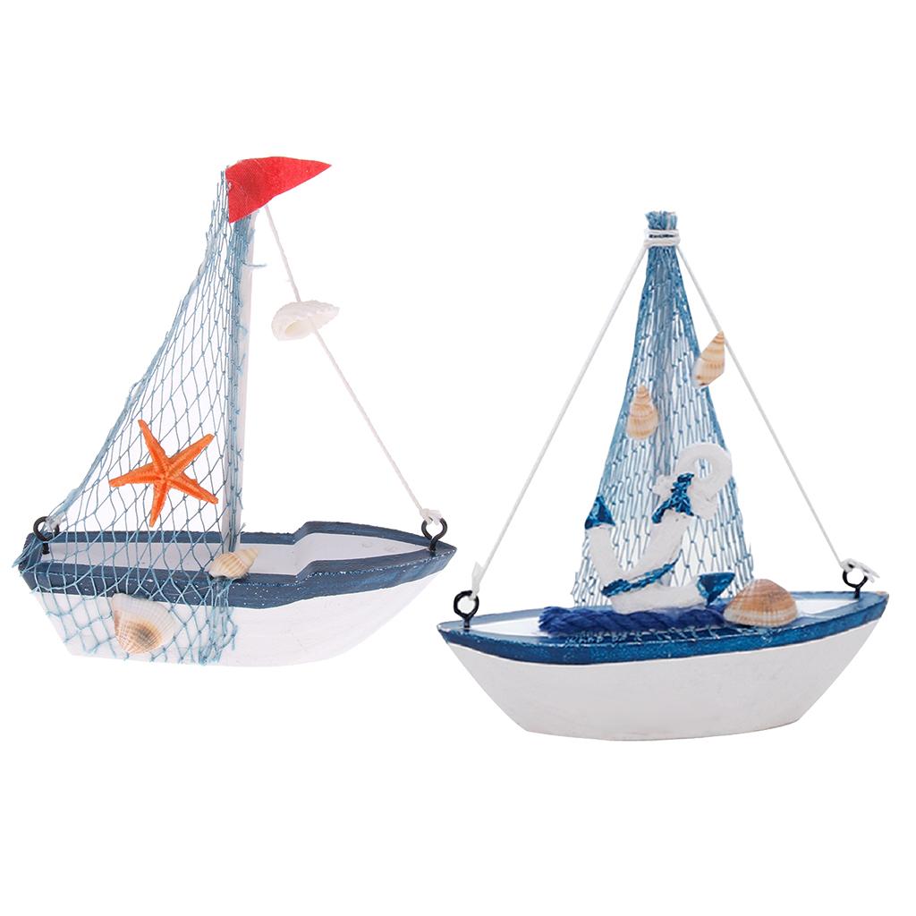 2x Retro Wooden Mediterranean Style Mini Sailing Boat Model Nautical Decor