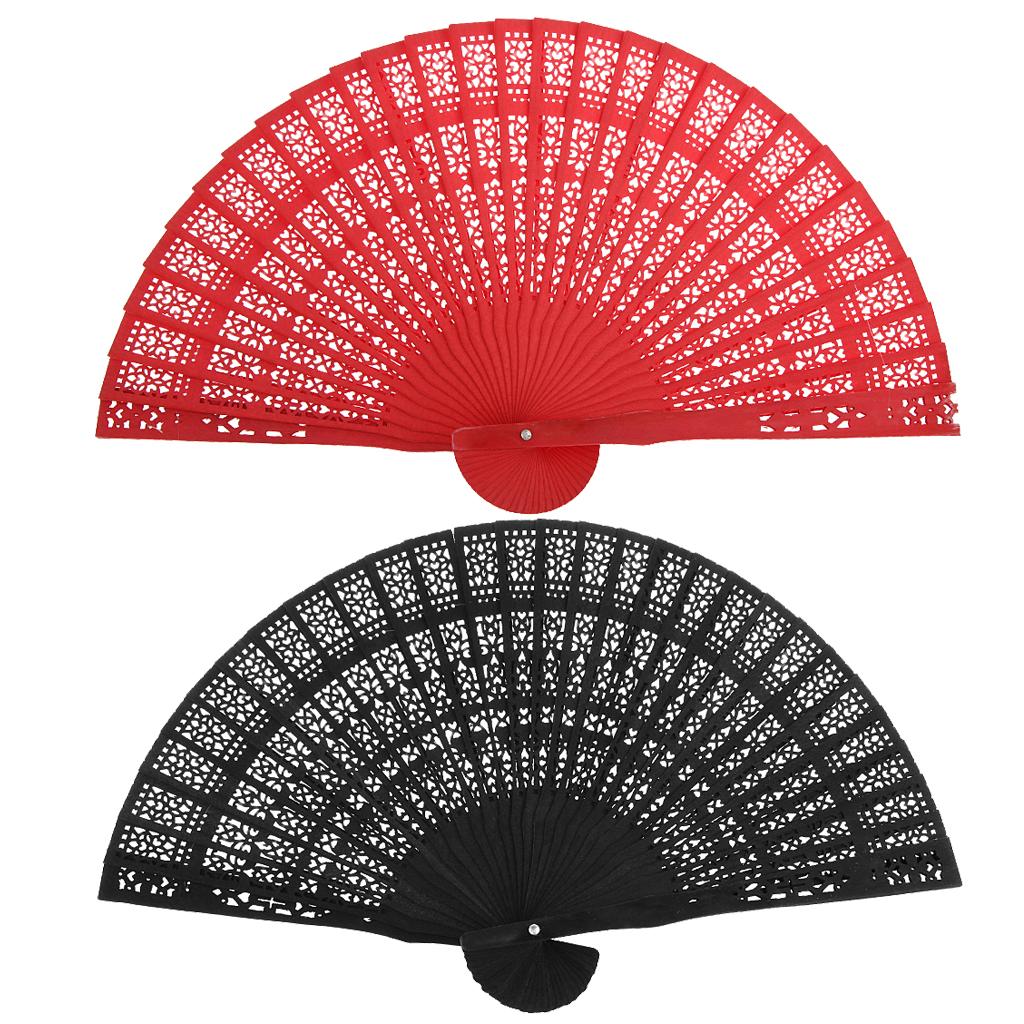 2 Pieces Classic Dyed Wood Hollow Carved Foldable Hand Fan Gift Red+Black