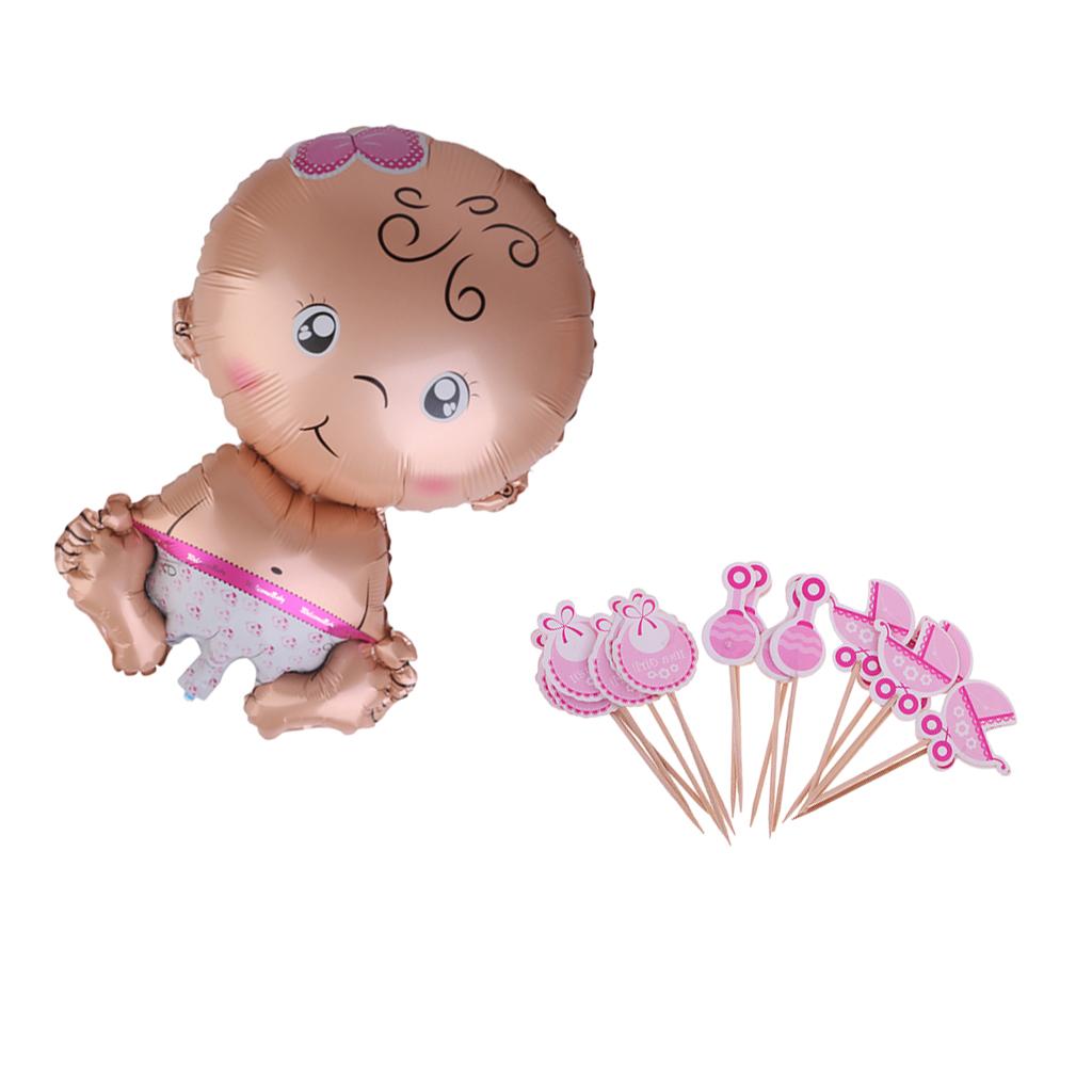 19 Pieces Baby Carriage Bib Rattle Cupcake Topper Baby Girl Foil Balloon Set
