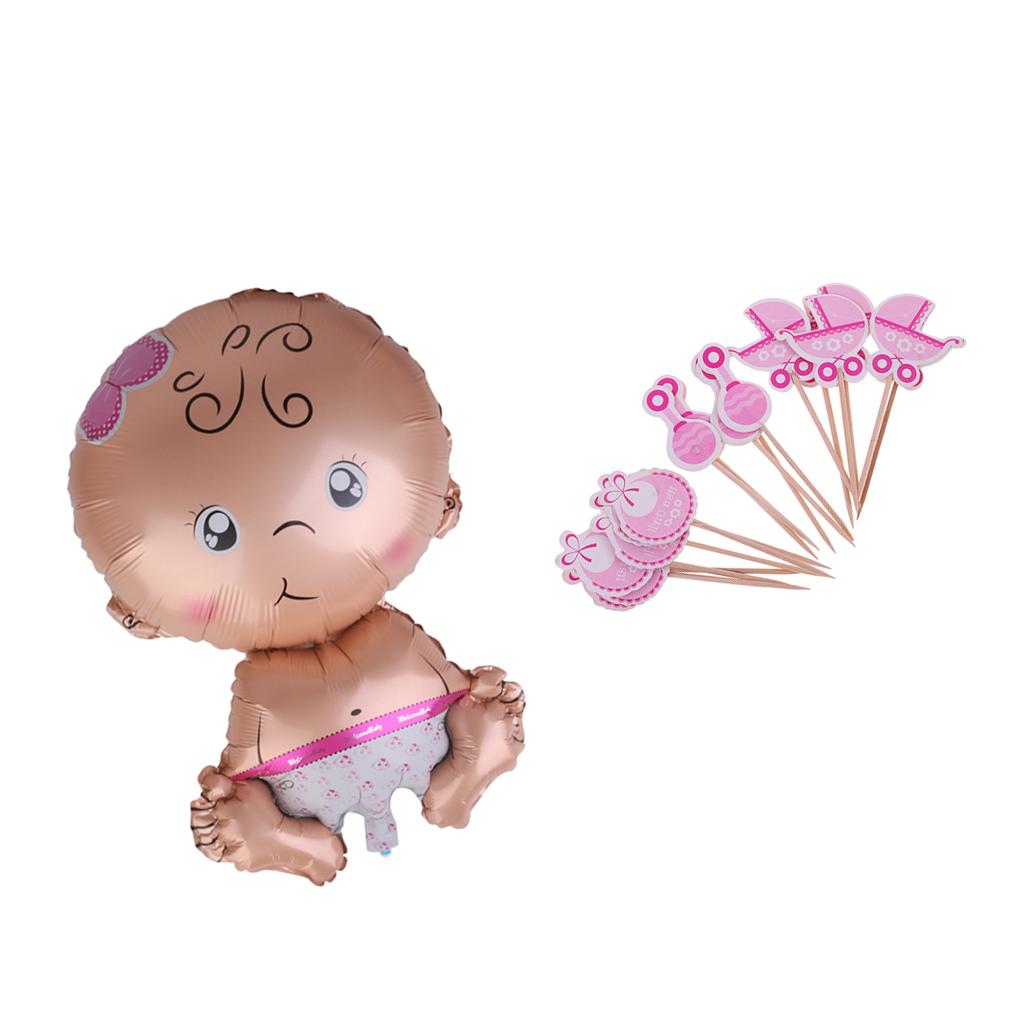 19 Pieces Baby Carriage Bib Rattle Cupcake Topper Baby Girl Foil Balloon Set