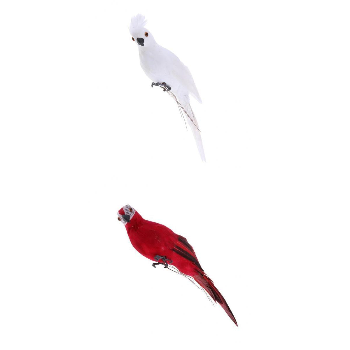 2x Realistic Parrot Artificial Feather Bird Animal Ornament White & Red