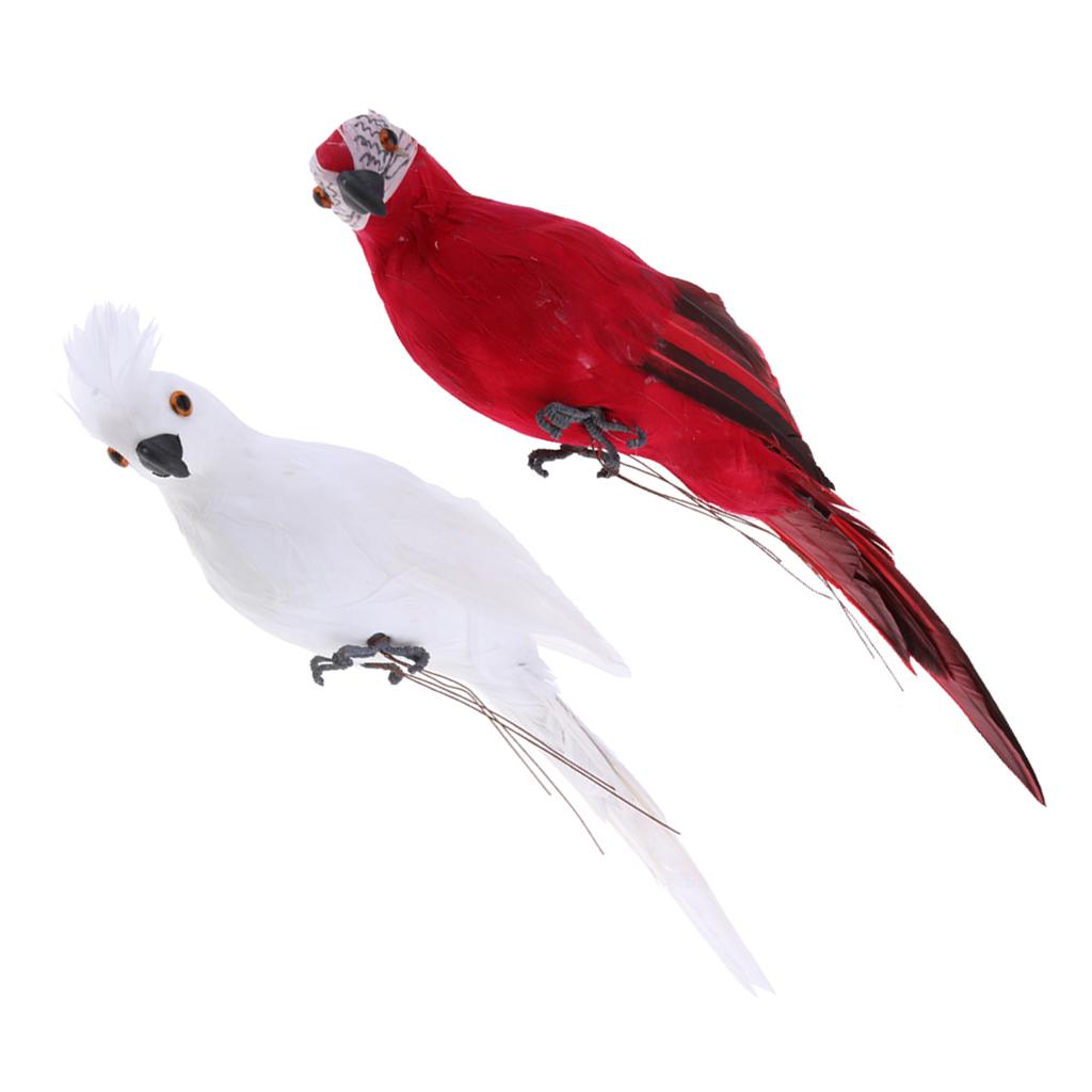 2x Realistic Parrot Artificial Feather Bird Animal Ornament White & Red