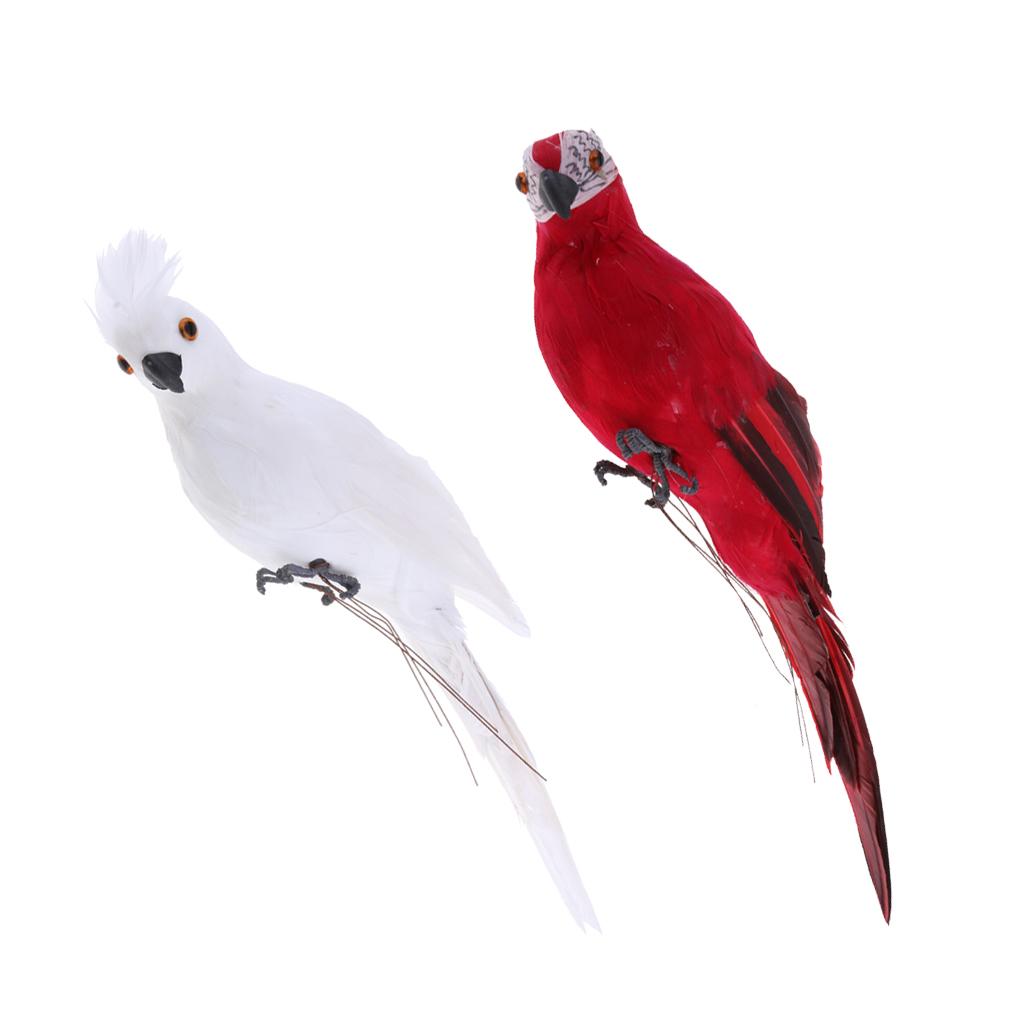 2x Realistic Parrot Artificial Feather Bird Animal Ornament White & Red