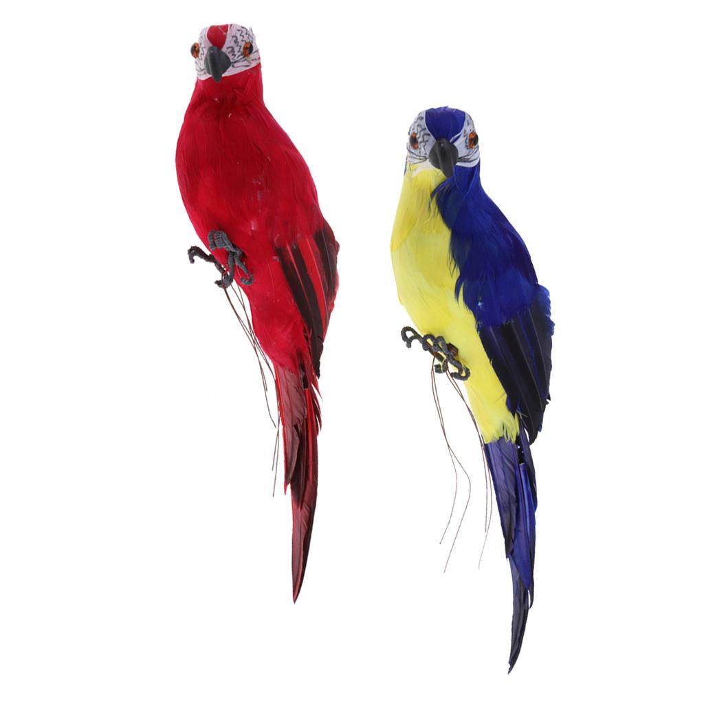 2x Realistic Parrot Artificial Feather Bird Animal Ornament Decor Red & Blue