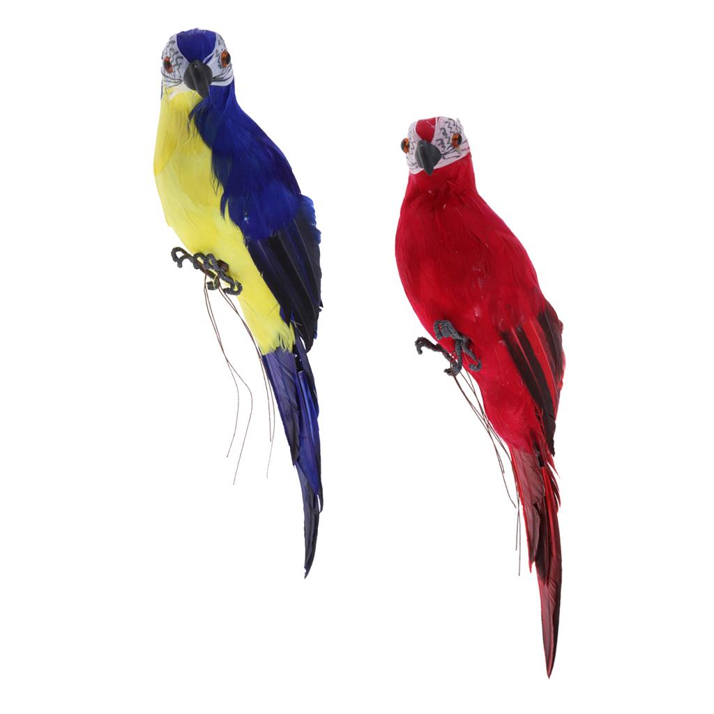 2x Realistic Parrot Artificial Feather Bird Animal Ornament Decor Red & Blue