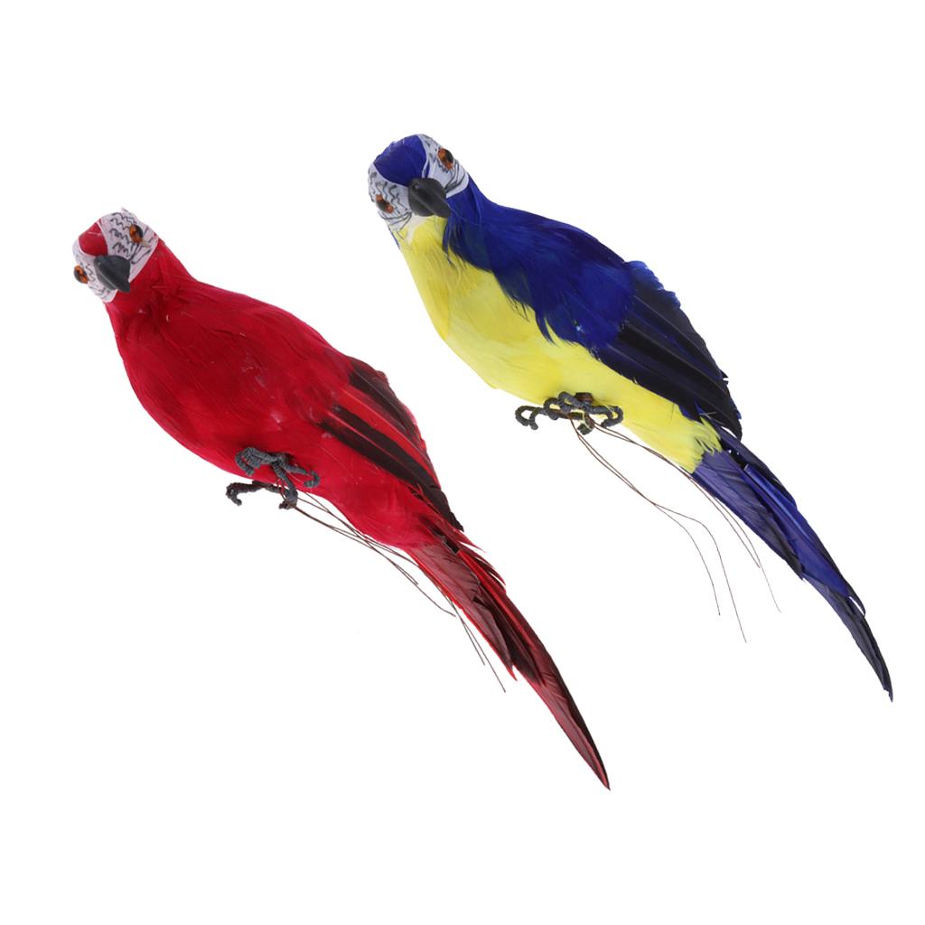 2x Realistic Parrot Artificial Feather Bird Animal Ornament Decor Red & Blue