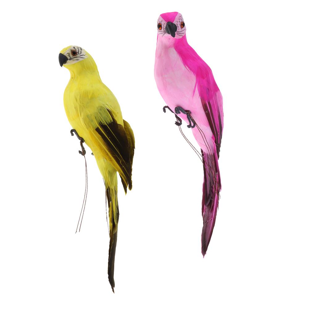 2x Realistic Parrot Artificial Feather Bird Animal Ornament Rose Red Yellow