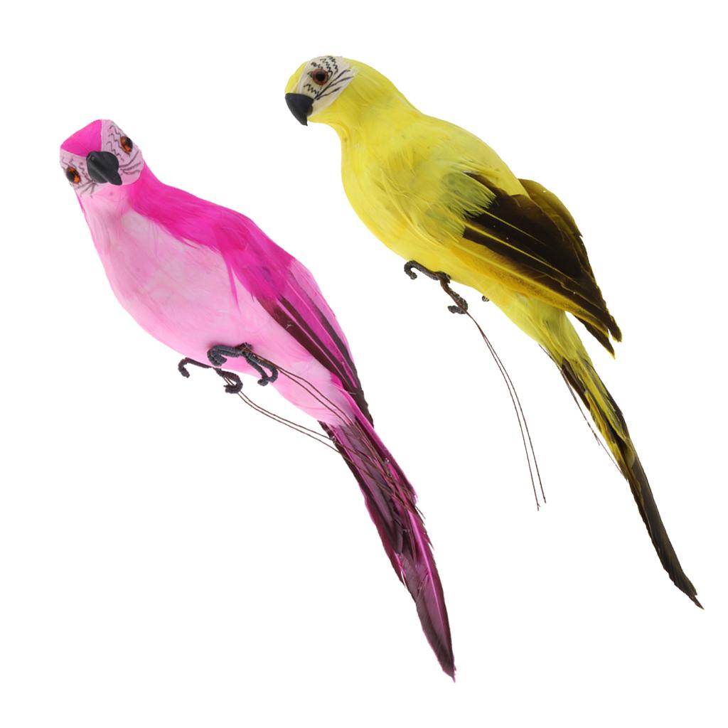 2x Realistic Parrot Artificial Feather Bird Animal Ornament Rose Red Yellow