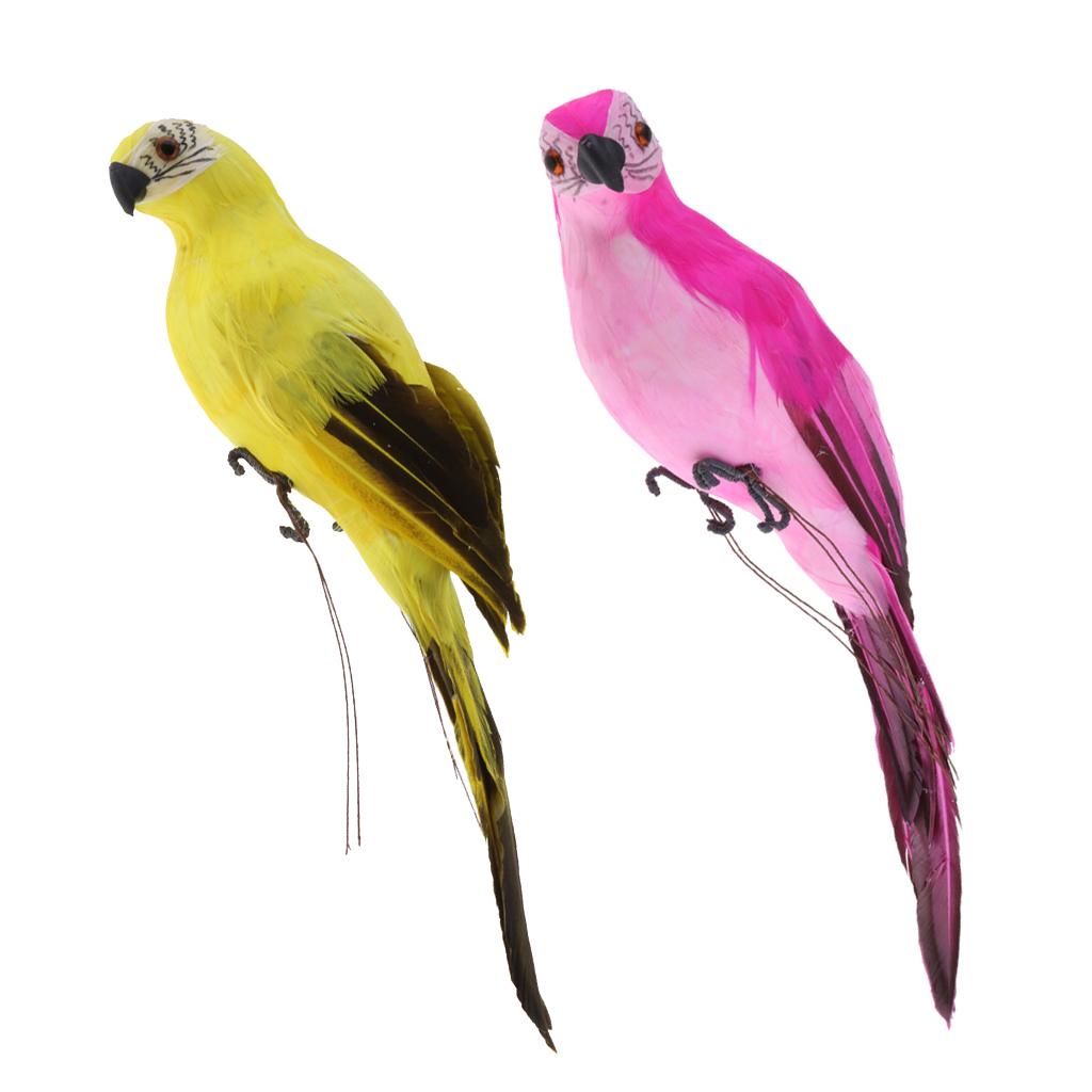 2x Realistic Parrot Artificial Feather Bird Animal Ornament Rose Red Yellow
