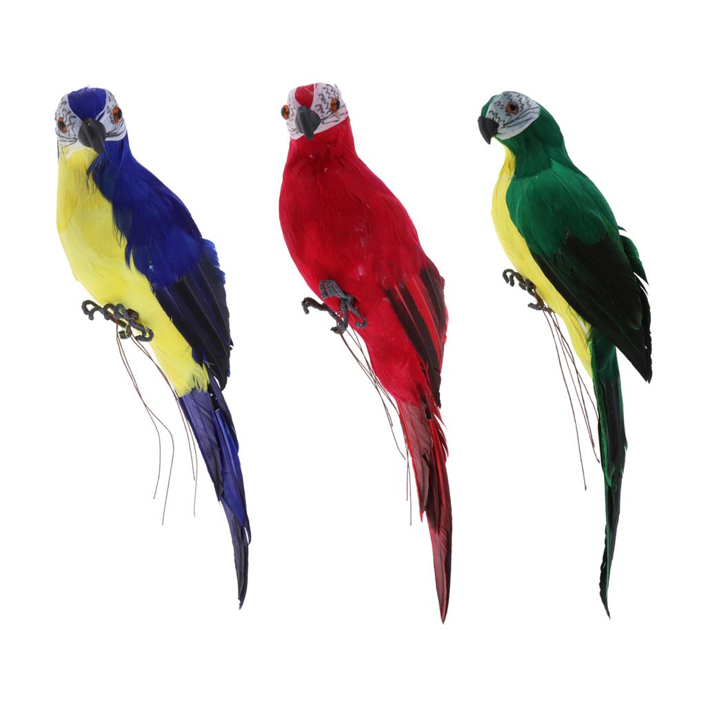 3x Realistic Parrot Artificial Feather Bird Animal Ornament Red Blue Green