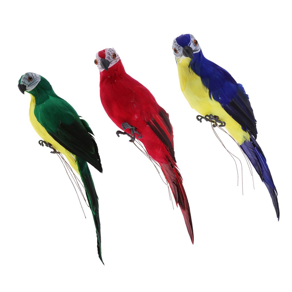3x Realistic Parrot Artificial Feather Bird Animal Ornament Red Blue Green