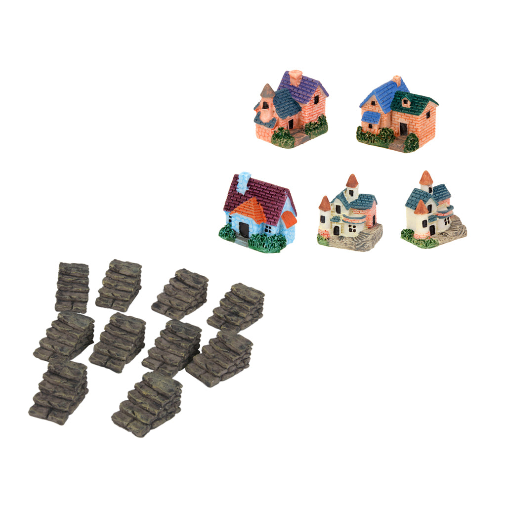 10pcs Mini Staircase Stairs and 5Pcs Miniature Bonsai Villa Resin Decor