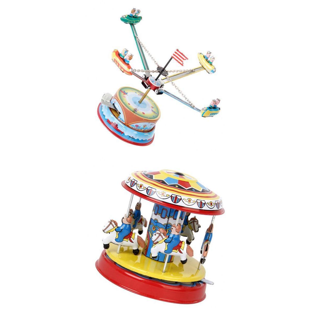 Carousel + Rotating Spacecraft Mechanical Clockwork Wind Up Vintage Tin Toy