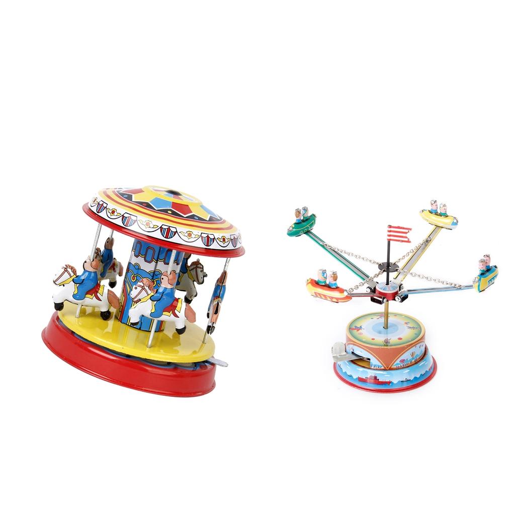 Carousel + Rotating Spacecraft Mechanical Clockwork Wind Up Vintage Tin Toy