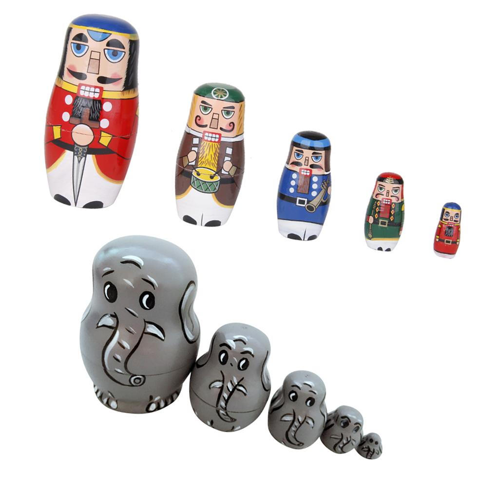 10pcs New Hot Wooden Russian Nesting Doll Elephant & Walnut Soldier Painted