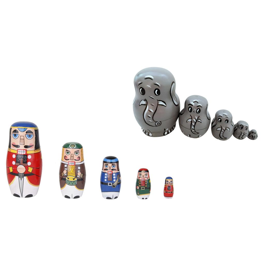 10pcs New Hot Wooden Russian Nesting Doll Elephant & Walnut Soldier Painted
