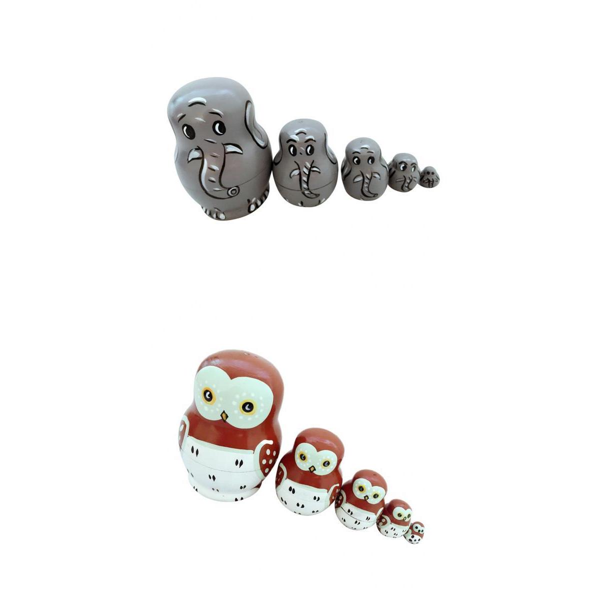 10PCS New Wooden Russian Nesting Dolls Owl Animal & Elephant Hand Painted